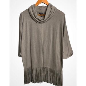 Terre Bleue Gray Fringe Oversized Turtleneck Buttery Soft Tunic Top Small NWT